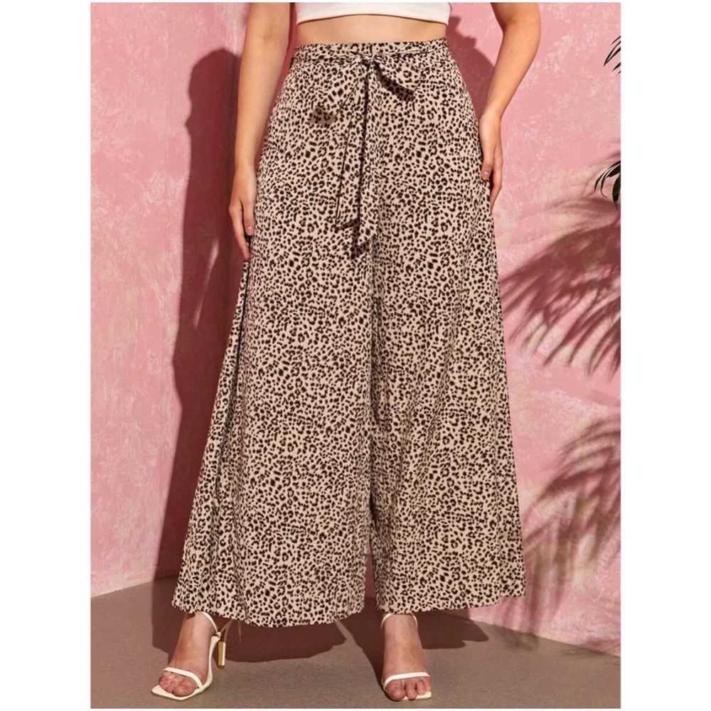 Plus Khaki tan Leopard Print Wide Leg Palazzo Pants - Picture 2 of 6